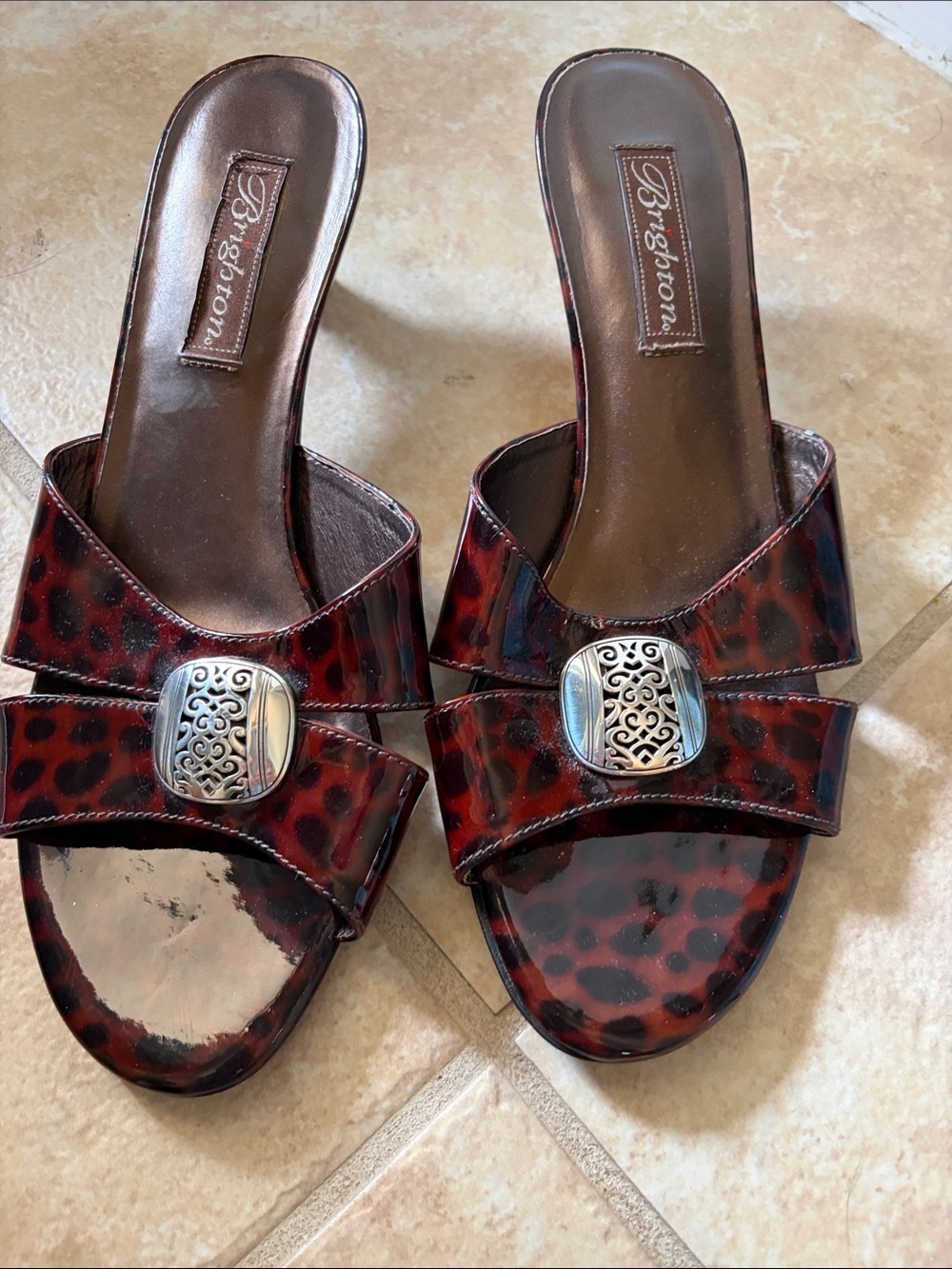 Brighton Kaye kitten heel 1.9” mules size 9.5 brown/ black animal print patent.